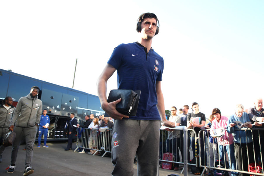 BURNLEY, ENGLAND - APRIL 19:  Thibaut Courtois of Chelsea arrives at the stadium prior to the Premier League match between Burnley and Chelsea at Turf Moor on April 19, 2018 in Burnley, England.  (Photo by Clive Brunskill/Getty Images)