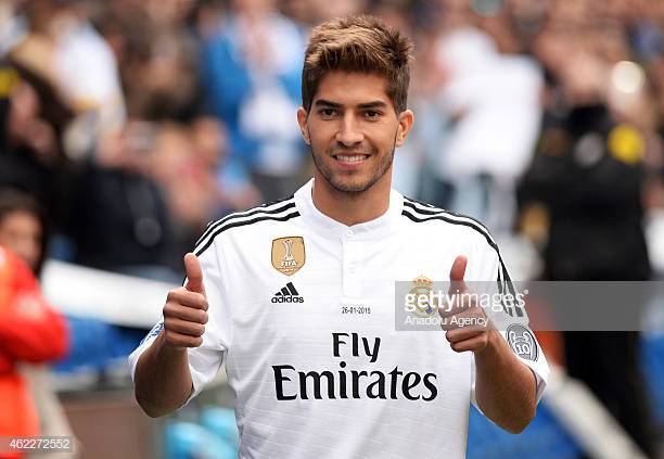 MADRID, SPAIN - JANUARY 26 : Brazilian midfielder Lucas Silva poses during his official presentation at the Santiago Bernabeu Stadium after signing for Real Madrid in Madrid, Spain on January 26, 2015. (Photo by Evrim Aydin/Anadolu Agency/Getty Images)