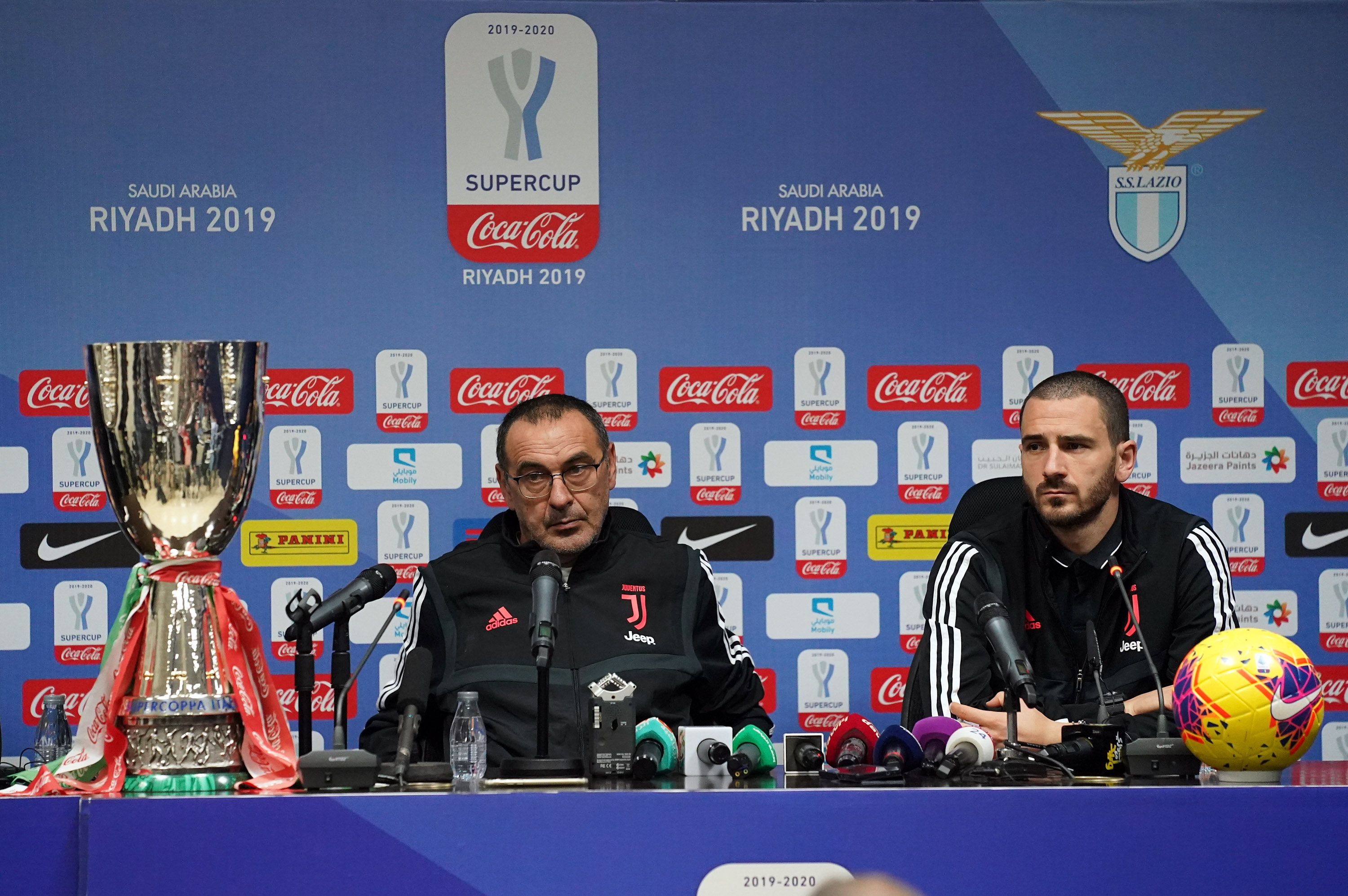 RIYADH, SAUDI ARABIA - DECEMBER 21: Head coach Juventus Maurizio Sarri and Leonardo Bonucci of Juventus speak with the media during press conference on December 22, 2019 in Riyadh, Saudi Arabia. (Photo by Claudio Villa/Getty Images for Lega Serie A)