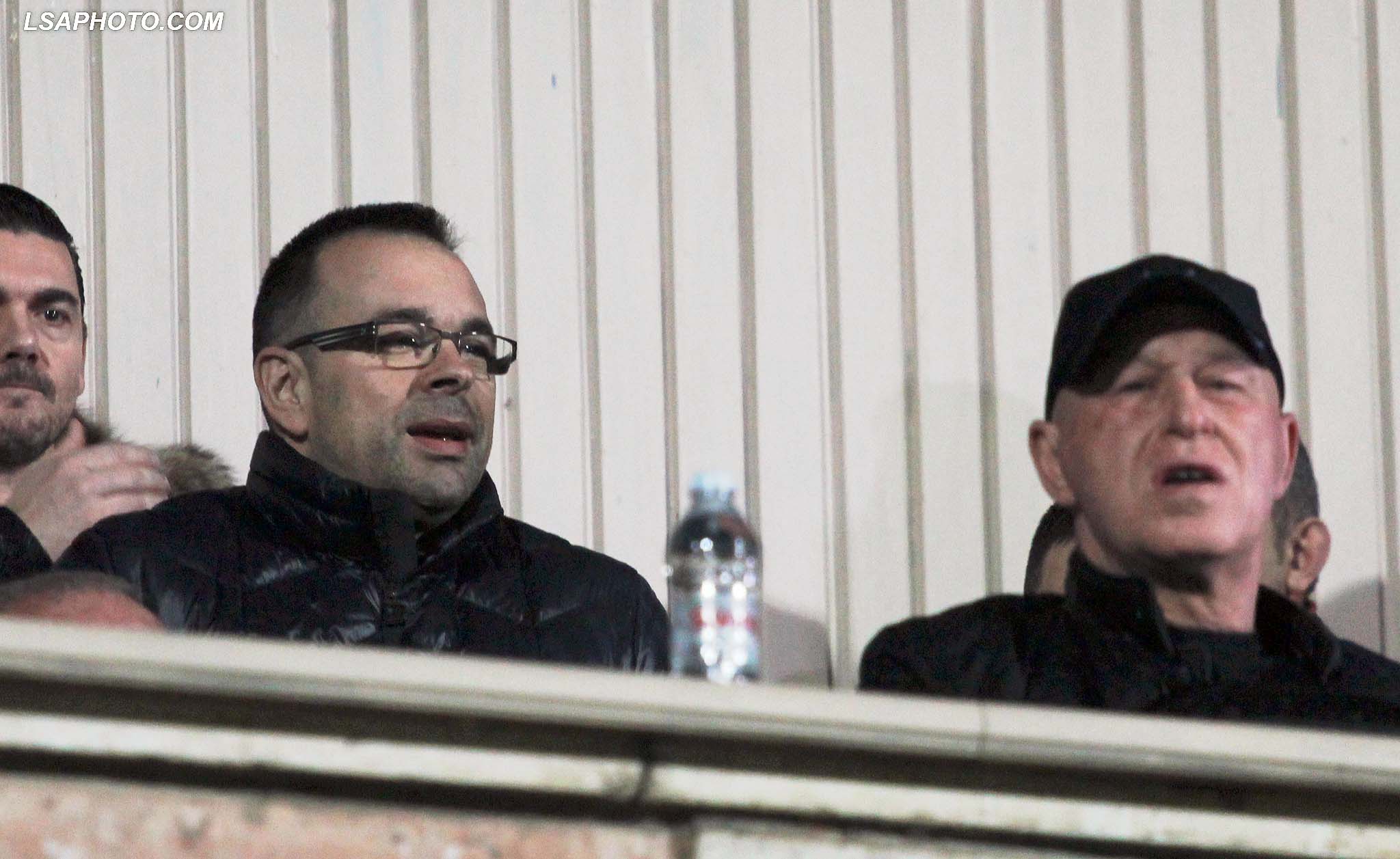 Presidenti i Partizanit Gaz Demi dhe Olsi Rama, gjate ndeshjes se futbollit, Partizani-Skenderbeu i Korces, 1-1, e vlefshme per Kampionatin Kombetar, e luajtur ne stadiumin Qemal Stafa, ne Tirane. /r/n/r/nPartizani's President Gaz Demi dhe Olsi Rama during the Albanian Super League football match Partizani-Skenderbeu of Korca, 1-1, at the Qemal Stafa stadium in Tirana.