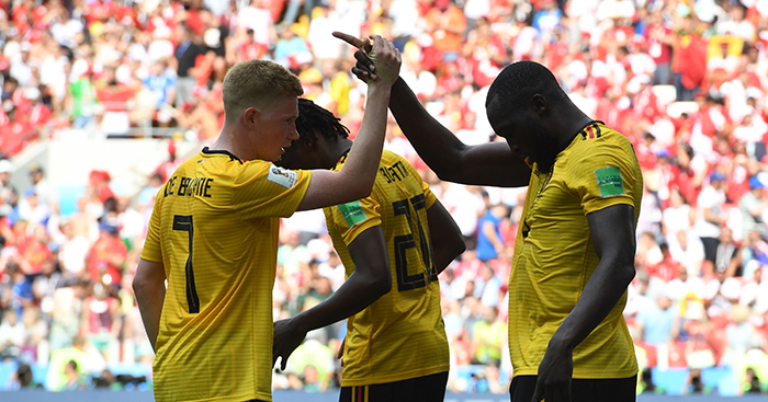 Belgium's forward Romelu Lukaku celebrates his second goal, and his team's third, with Belgium's midfielder Kevin De Bruyne (L) during the Russia 2018 World Cup Group G football match between Belgium and Tunisia at the Spartak Stadium in Moscow on June 23, 2018. (Photo by PATRIK STOLLARZ / AFP) / RESTRICTED TO EDITORIAL USE - NO MOBILE PUSH ALERTS/DOWNLOADS (Photo credit should read PATRIK STOLLARZ/AFP/Getty Images)