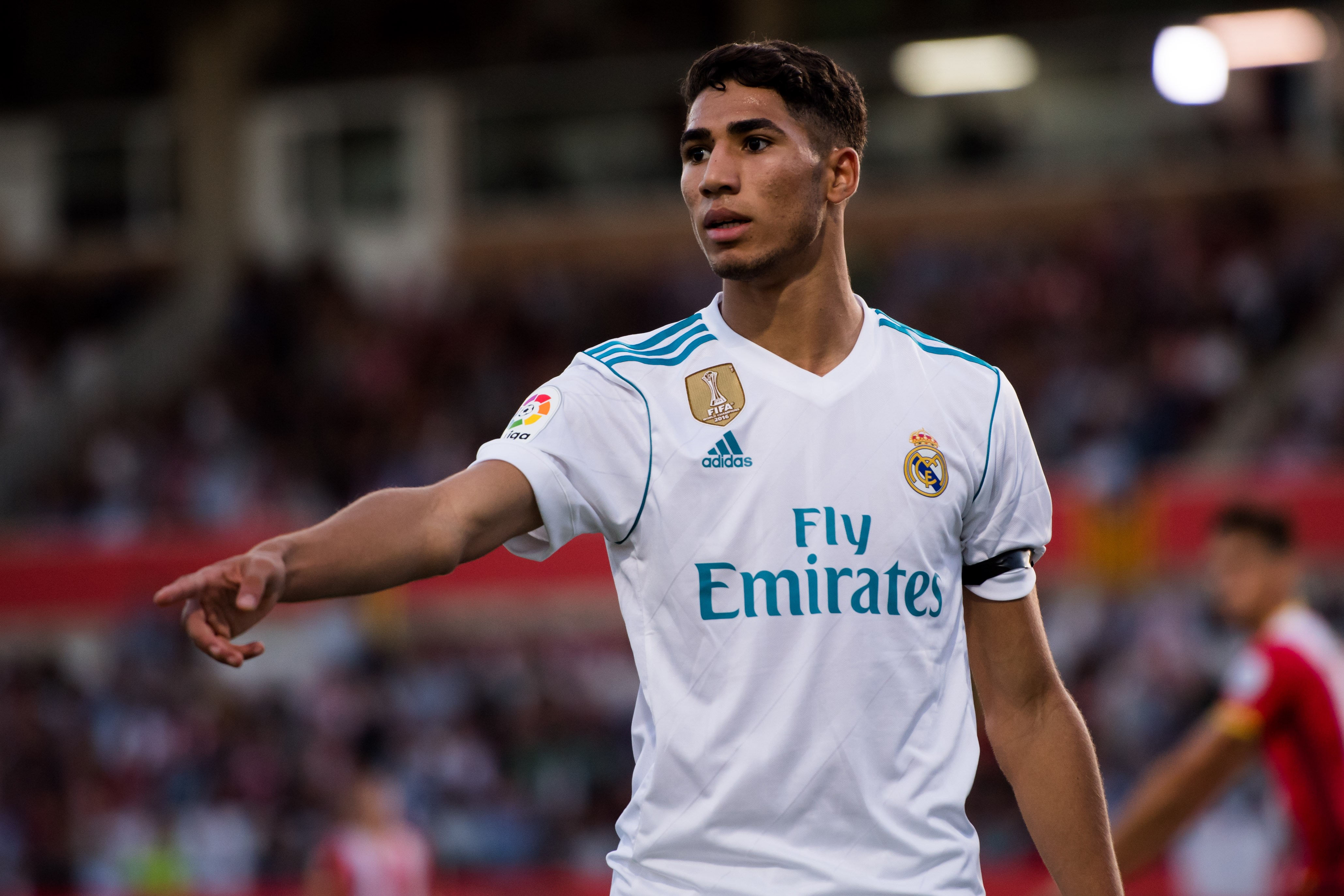 GIRONA, SPAIN - OCTOBER 29: Achraf Hakimi of Real Madrid CF gestures during the La Liga match between Girona and Real Madrid at Estadi de Montilivi on October 29, 2017 in Girona, Spain. (Photo by Alex Caparros/Getty Images)