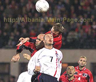 England captain (bottom) David Beckham losses out to the Albania defence during the FIFA World Cup, Europe Qualifying Group Nine game at the Quemal Stafe Stadium, Tirana, Albania today Wednesday 28th March 2001. **EDI** PA Photo :Tom Hevezi