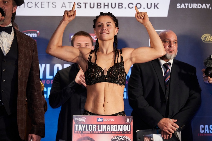 Terri Harper and Viviane Obenauf weigh In ahead of their IBO Super-Featherweight World title fight this weekend. 1st November 2019 Picture By Mark Robinson.