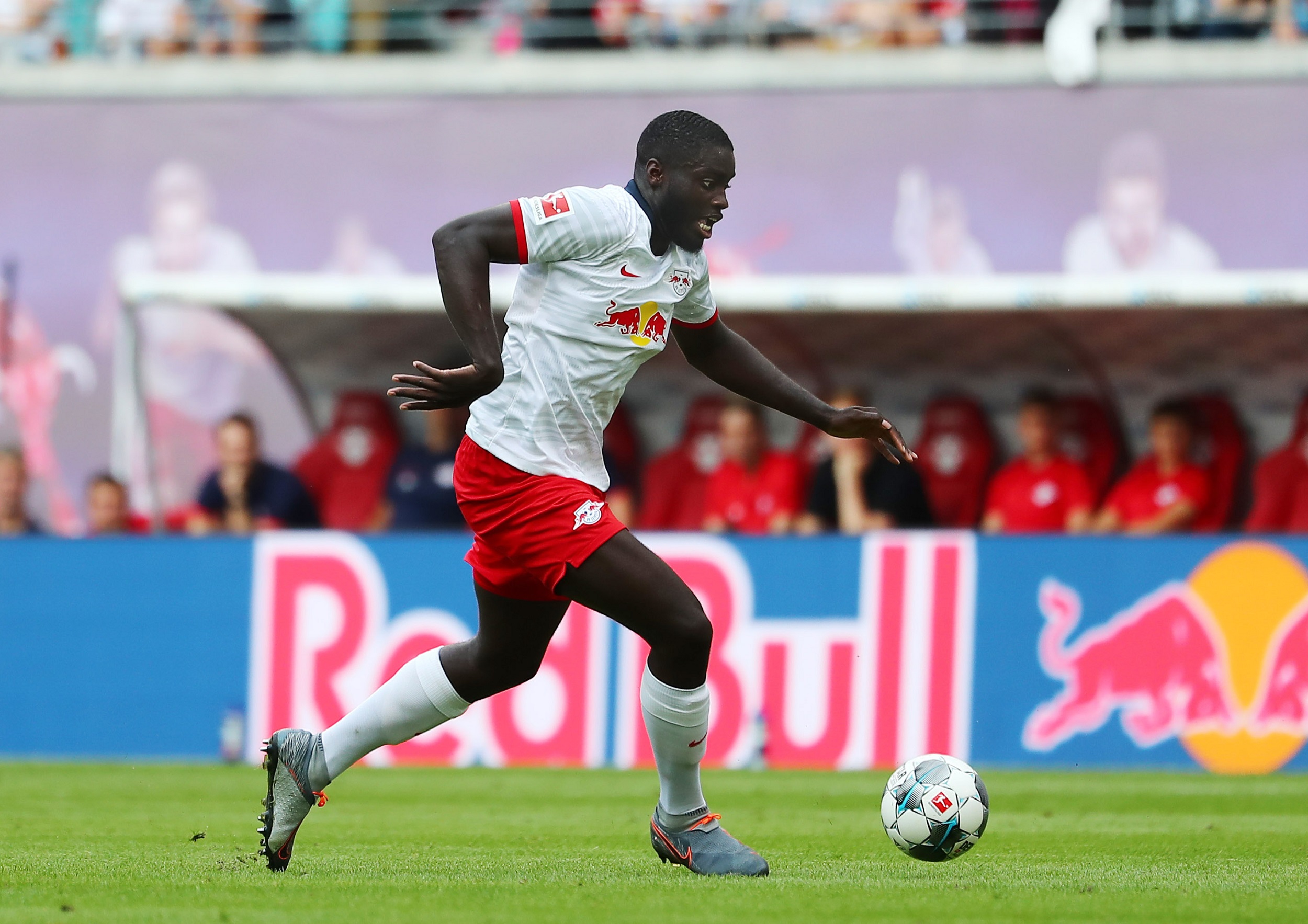 LEIPZIG,GERMANY,03.AUG.19 - SOCCER - 1. DFL, 1. Deutsche Bundesliga, Premier League, RasenBallsport Leipzig vs Aston Villa, test match. Image shows Dayot Upamecano (RB Leipzig). Photo: GEPA pictures/ Roger Petzsche - For editorial use only. Image is free of charge.