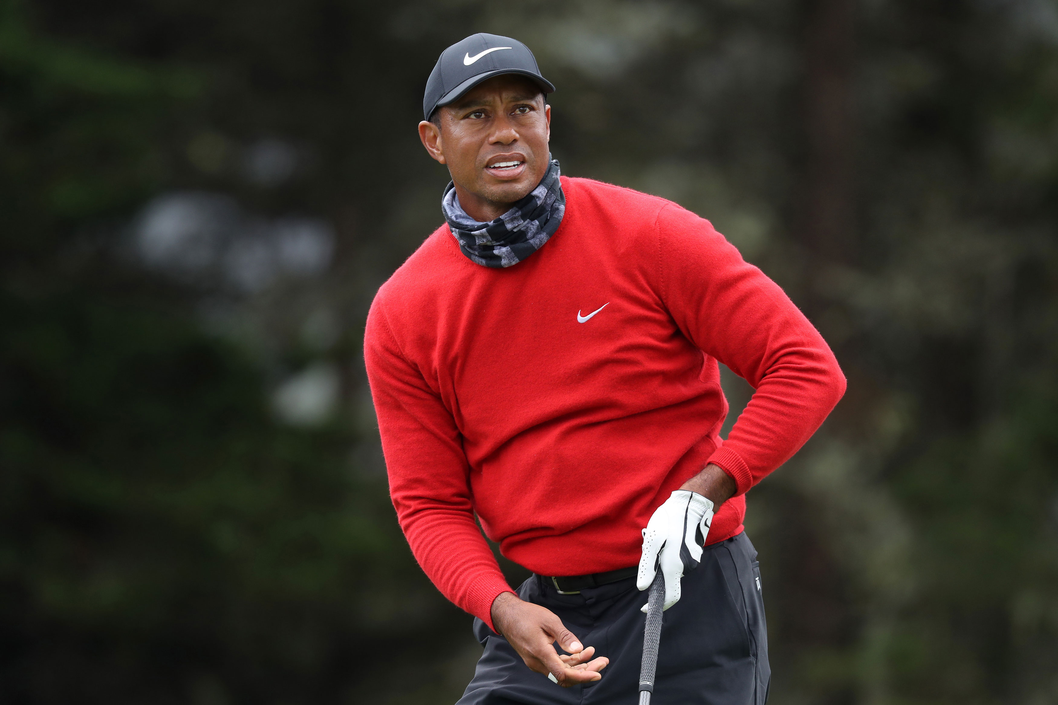 SAN FRANCISCO, CALIFORNIA - AUGUST 09: Tiger Woods of the United States reacts to his shot from the 14th tee during the final round of the 2020 PGA Championship at TPC Harding Park on August 09, 2020 in San Francisco, California. (Photo by Jamie Squire/Getty Images)