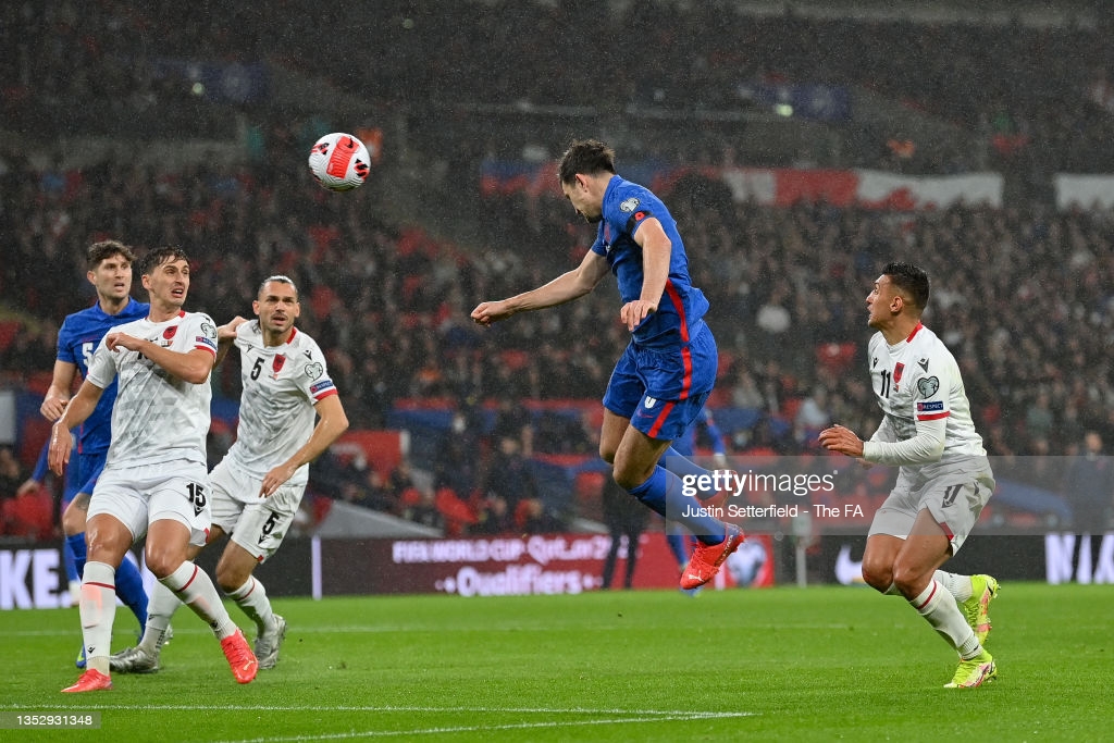 LONDON, ENGLAND - NOVEMBER 12: Harry Maguire of England scores their side's first goal during the 2022 FIFA World Cup Qualifier match between England and Albania at Wembley Stadium on November 12, 2021 in London, England. (Photo by Justin Setterfield - The FA/The FA via Getty Images)