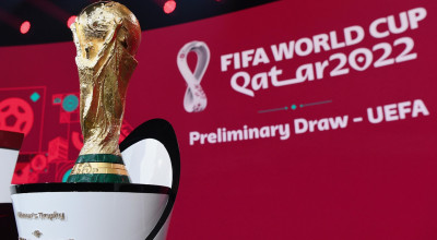 epa08868644 A handout photo made available by FIFA of the World Cup Trophy during the European qualifying draw for the FIFA World Cup Qatar 2022 in Zurich, Switzerland, 07 December 2020.  EPA/Kurt Schorrer / HANDOUT  HANDOUT EDITORIAL USE ONLY/NO SALES
