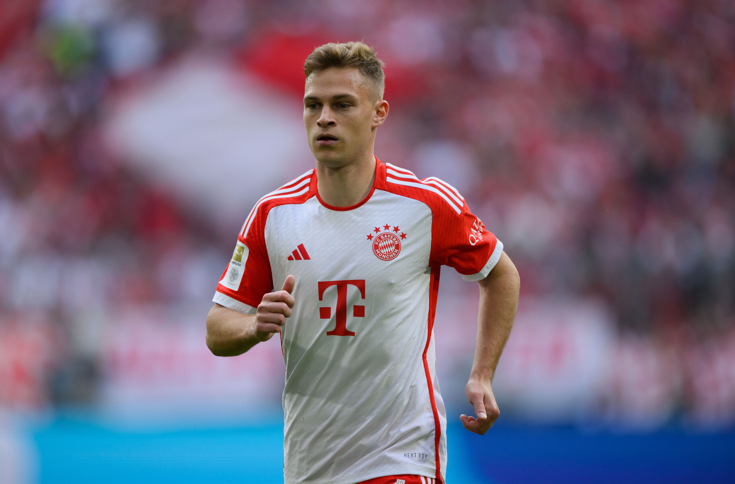 MUNICH, GERMANY - MAY 20: Joshua Kimmich of Bayern Munich in action during the Bundesliga match between FC Bayern München and RB Leipzig at Allianz Arena on May 20, 2023 in Munich, Germany. (Photo by Matthias Hangst/Getty Images)