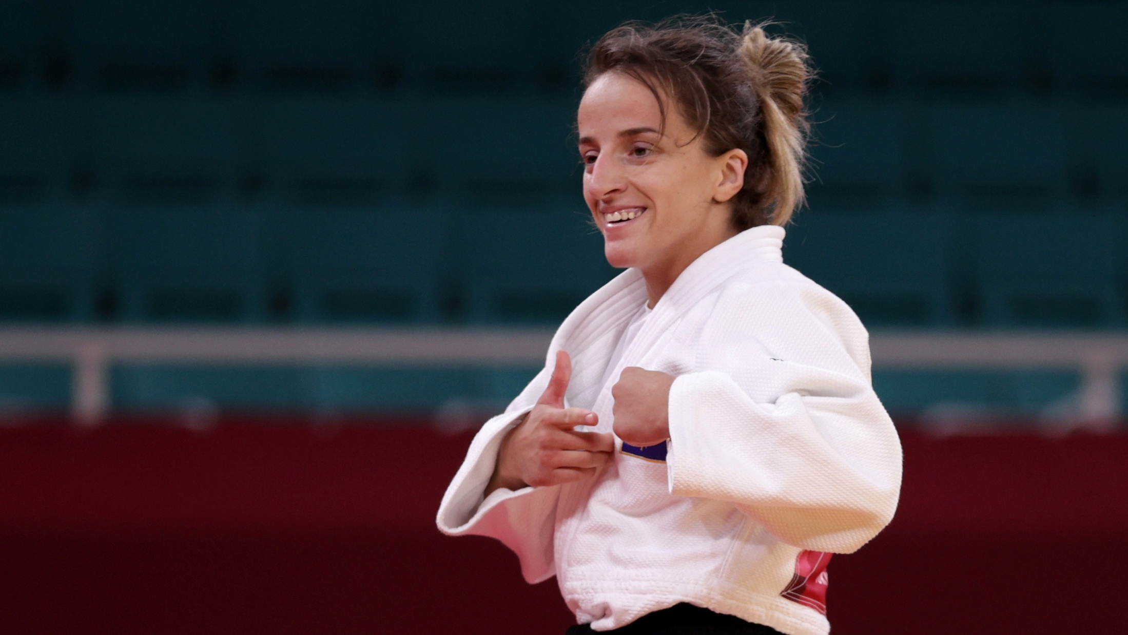 Tokyo 2020 Olympics - Judo - Women's 48kg - Semifinal - Nippon Budokan - Tokyo, Japan - July 24, 2021. Distria Krasniqi of Kosovo reacts after winning REUTERS/Hannah Mckay