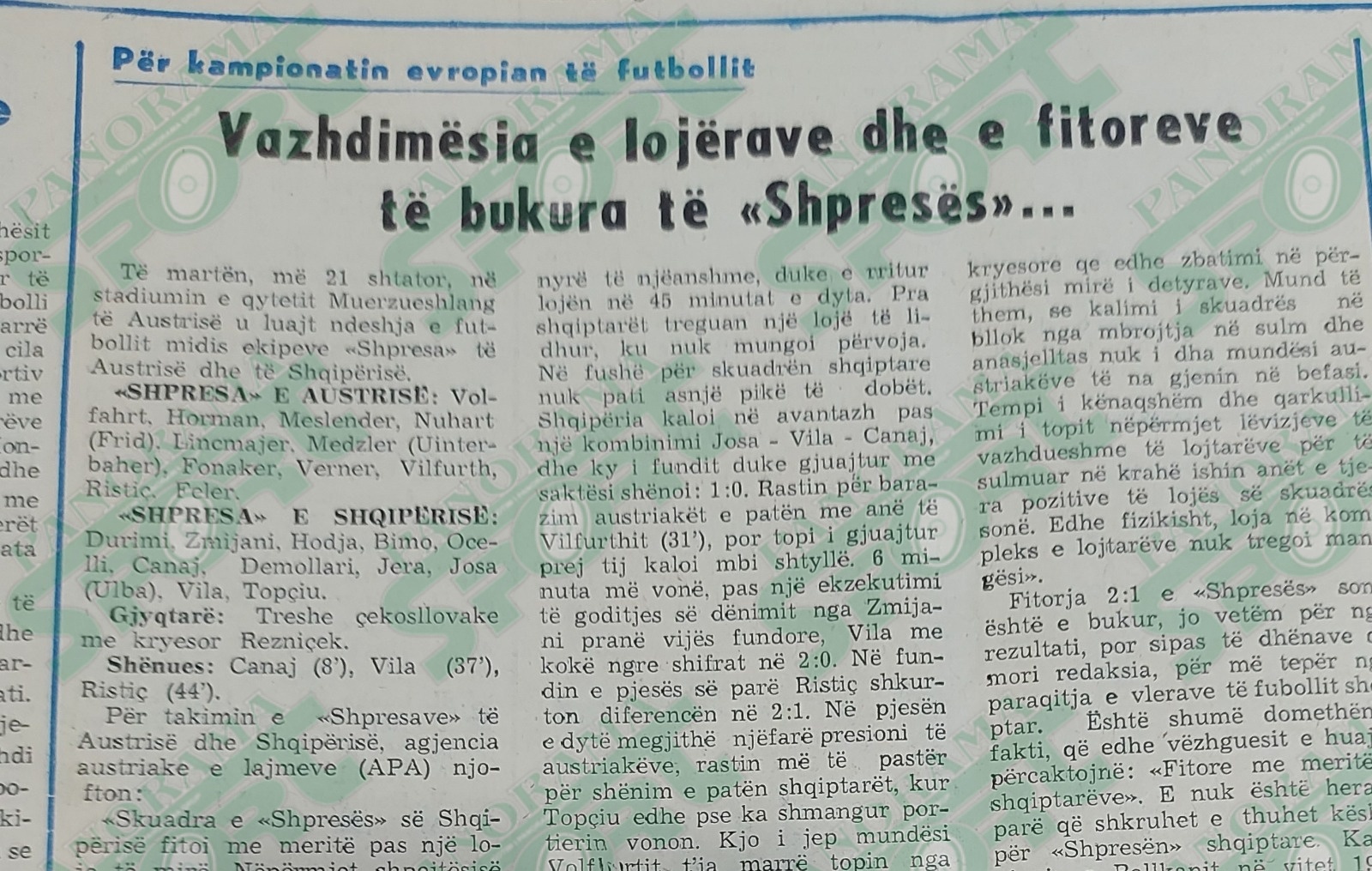 Kreu i shkrimit të faqes së parë të “Sportit Popullor” për ndeshjen e “Shpresave” Austria – Shqipëria 1-2.