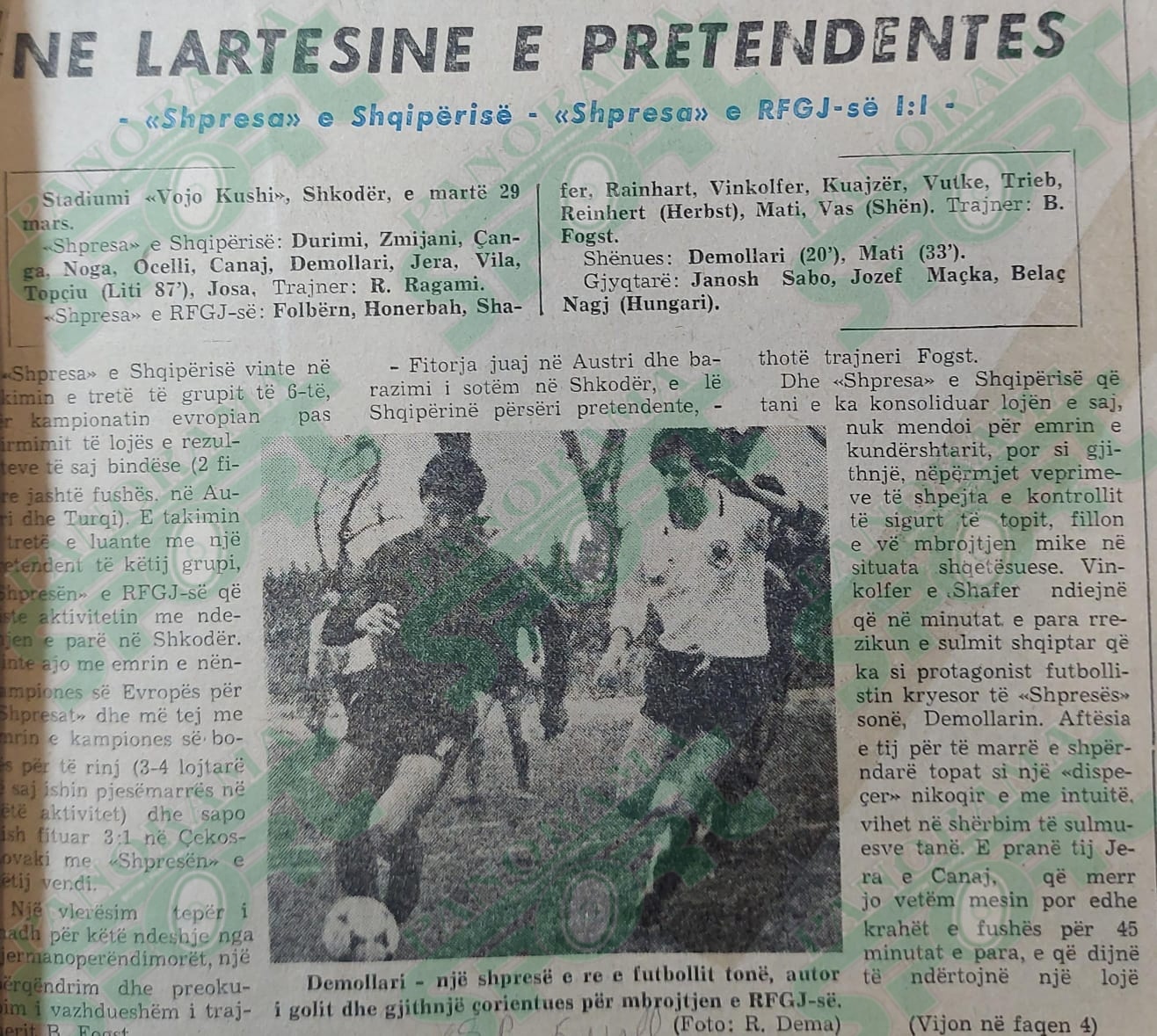 Shqipëria - RFGJ 1-1. Botim anastatik nga faqja e parë e “Sportit Popullor”, 5 prill 1983. Kreu i fillimit të shkrimit të autorit Namik Mehmeti.