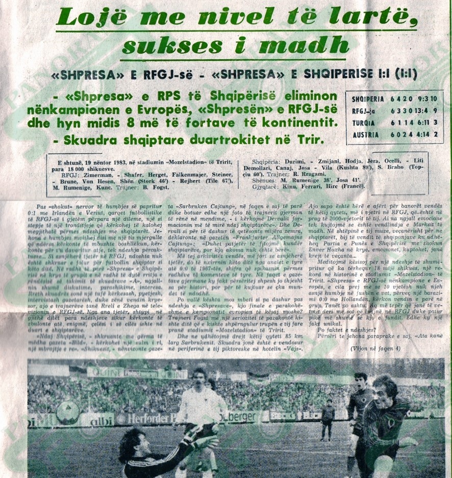 Frontespic e faqes së parë të “Sportit Popullor” me shkrimin historik të 22 nëntorit 1983 për suksesin e Shqipërisë