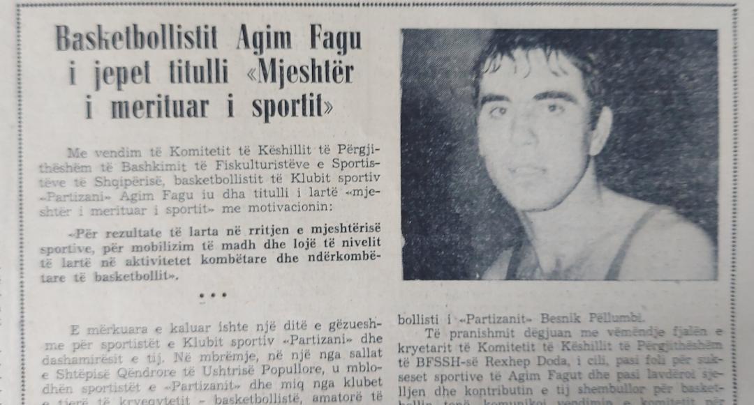 1969. Gazeta “Sporti Popullor”, me një shkrim të posaçëm të faqes së parë, paraqet ceremoninë e dhënies së titullit “Mjeshtër i Merituar i Sportit”, Agim Fagut, 50 ditë pas ndeshjes Partizani-Oransoda
