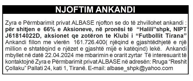 Njoftimi i përmbaruesit privat i publikuar në gazetën "Panorama" për ankandin e shitjes së aksioneve të KF Tiranës
