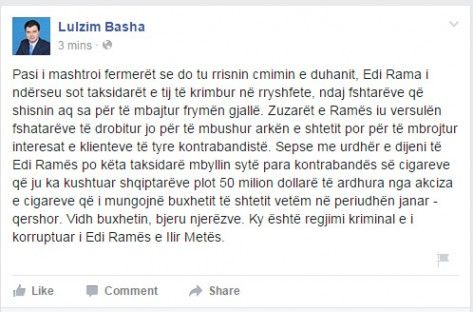Komenti i Lulzim Bashes ne "Facebook"