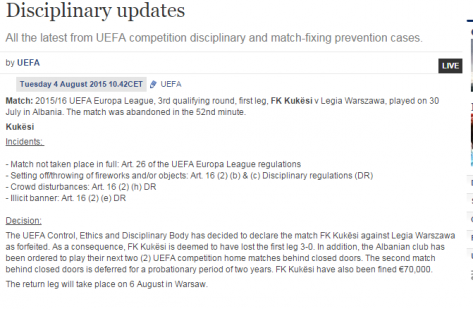 Njoftimi per shtyp ne faqen e UEFA-s