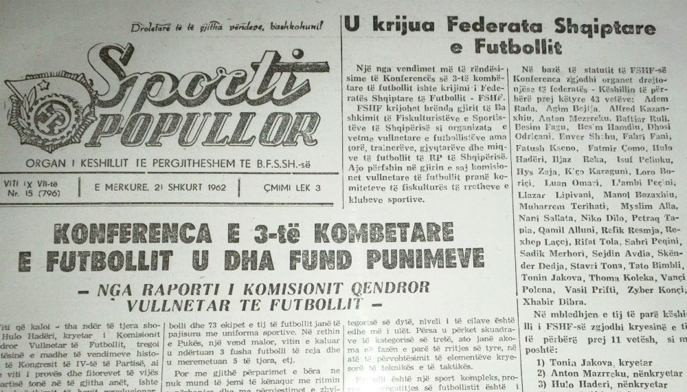 Gazeta “Sporti Popullor” e vitit 1962 që donte të zhdukte 32 vjet të themelim të Federatës  Shqiptare të  Futbollit, duke  “krijuar” të renë abstrakte