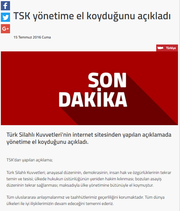 Mediat turke shkruajne se ushtria ka marre ne dore kontrollin e qeverise