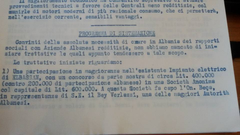Faksimile e një prej dokumenteve që tregon për një prej investimeve italiane në Shqipëri