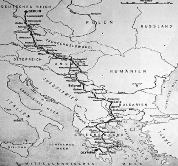 Harta e rrugëtimit pranë Shqipërisë së Flakës Olimpike të Olimpiadës 1936