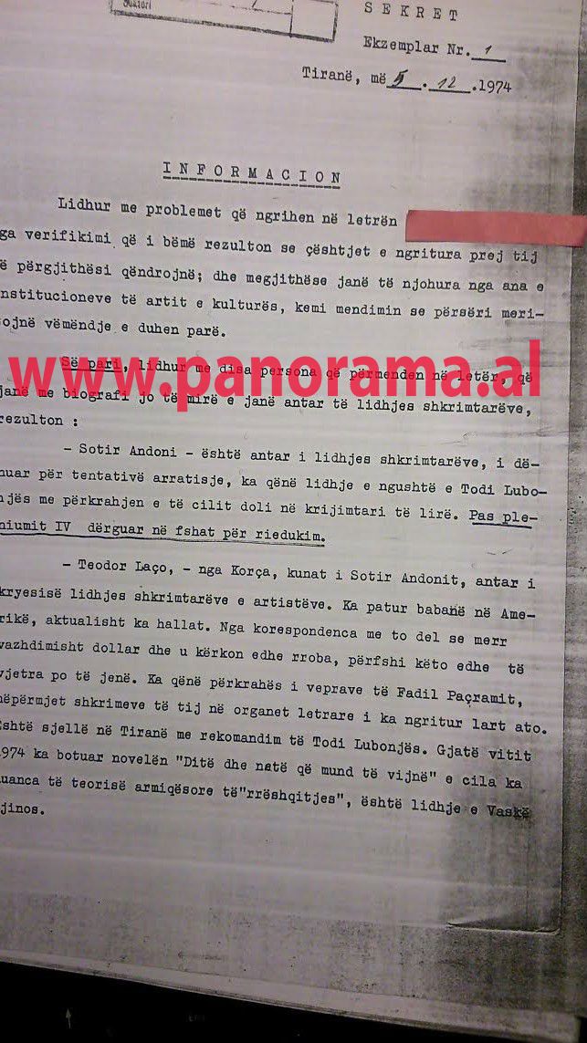Faksimile e Raportit te Sigurimit te Shtetit per shkrimtaret dhe poetet e denoncuar nga poeti K.H ne nje leter drejtuar ministrit te Brendshem, Kadri Hazbiu ne vitin 1974