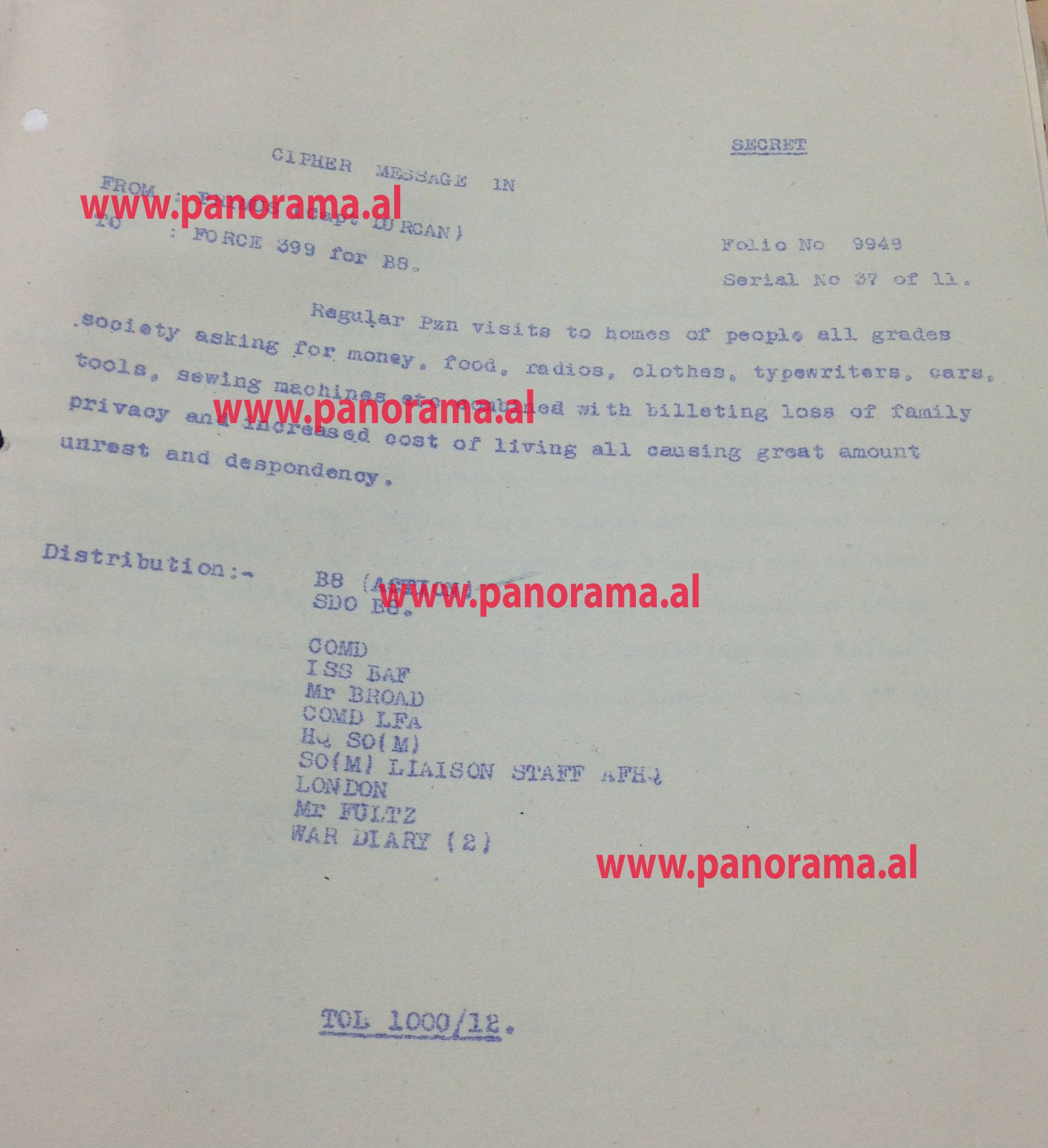 Faksimile e raportimeve te Kapiteni Dunkan nga Shkodra2c Janar 1945