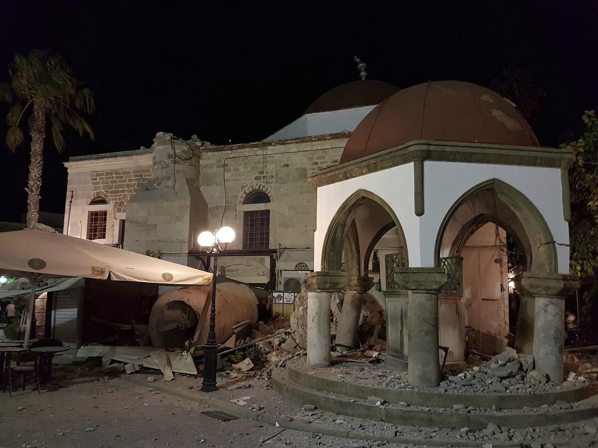 A damaged building is seen after an earthquake on the Greek island of Kos early Friday, July 21, 2017. A powerful earthquake struck Greek islands and Turkey's Aegean coast early Friday morning, damaging buildings and a port and killing people, authorities said. (Kalymnos-news.gr via AP)