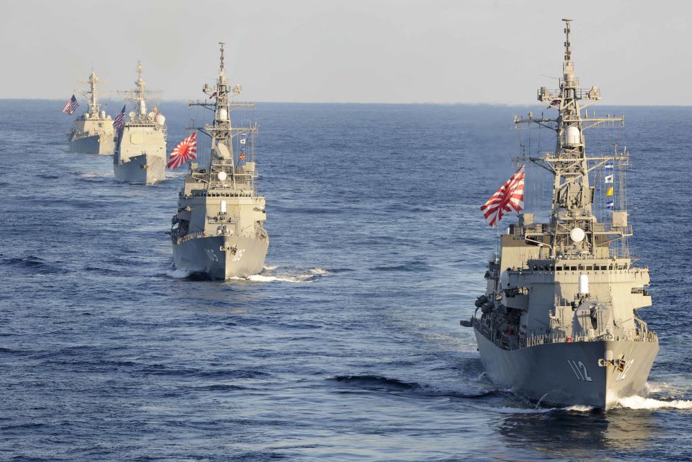 WESTERN PACIFIC (Nov. 12, 2017) The Japanese Maritime Self-Defense Force Takanami-class destroyer JS Makinami (DD 112), front, and the Murasame-class destroyer JS Inazuma (DD 105), second, the Ticonderoga-class guided-missile cruiser USS Bunker Hill (CG 52), third, and the Arleigh Burke-class guided-missile destroyer USS Preble (DDG 88), rear, transit the western Pacific Ocean. The USS Ronald Reagan (CVN 76), USS Theodore Roosevelt (CVN 71) and USS Nimitz (CVN 68) Strike Groups are underway and conducting operations in international waters as part of a three-carrier strike force exercise. The U.S. Navy has patrolled the Indo-Asia Pacific region routinely for more than 70 years promoting regional security, stability and prosperity. (U.S. Navy photo by Mass Communication Specialist 1st Class Michael Russell/Released)