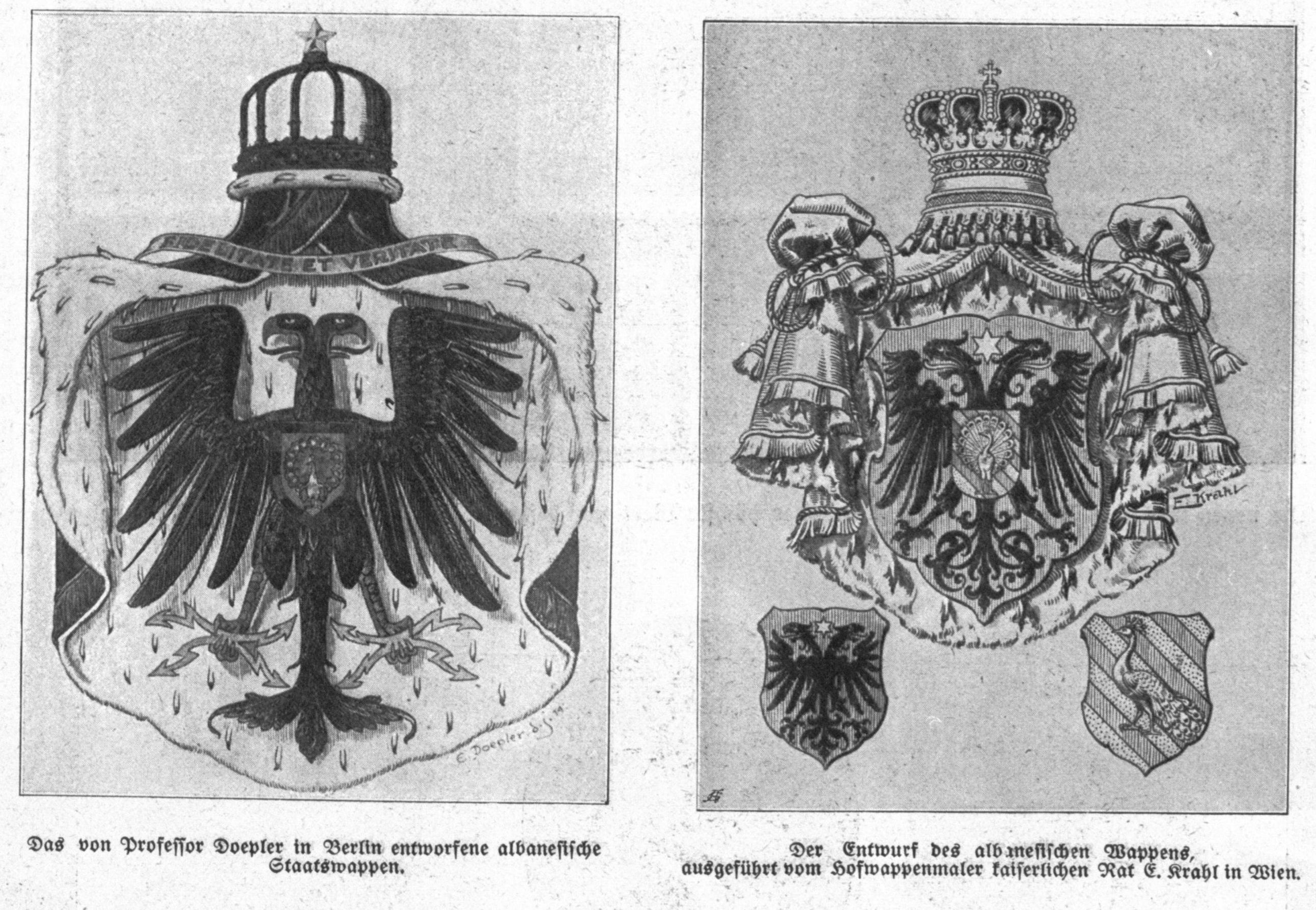 Dy stemat "rivale". Majtas gjendet projekti fitues i Prof. Doepler nga Berlini (Marrë nga Österreichs Illustrierte Zeitung, 08.03.1914)