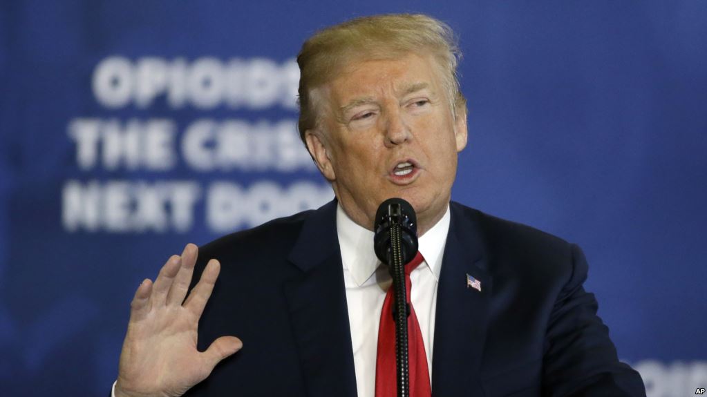 President Donald Trump speaks about his plan to combat opioid drug addiction at Manchester Community College, Monday, March 19, 2018, in Manchester, N.H. (AP Photo/Elise Amendola)
