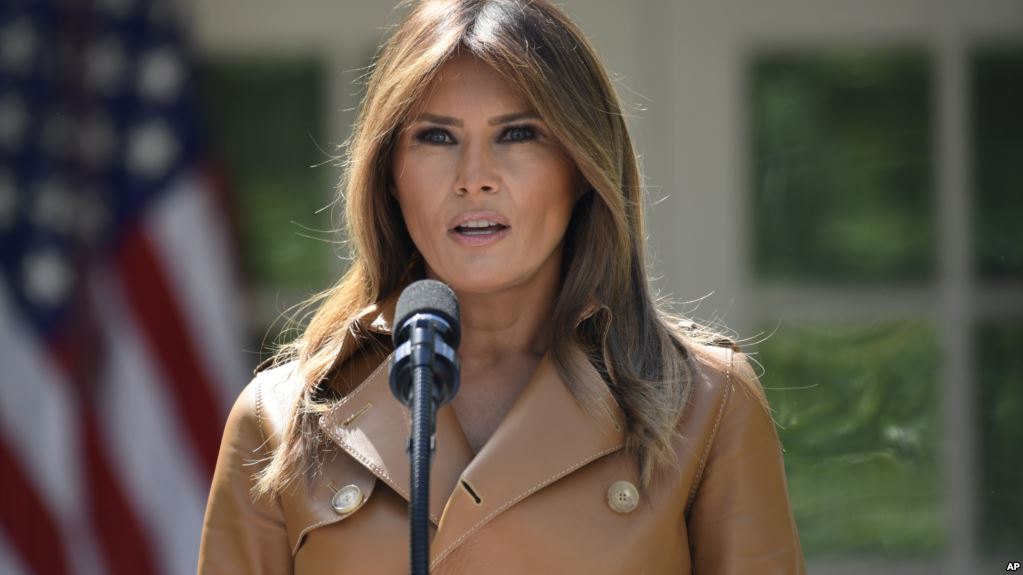 First lady Melania Trump speaks about her initiatives during an event in the Rose Garden of the White House in Washington, Monday, May 7, 2018. Sixteen months into the president's term, Melania Trump unveils plans for her initiatives to improve the well-being of children. (AP Photo/Susan Walsh)