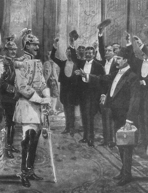 Nojvid, 21 shkurt, 1914. Esat pasha flet përpara Princ Vidit. Foto e stilizuar.