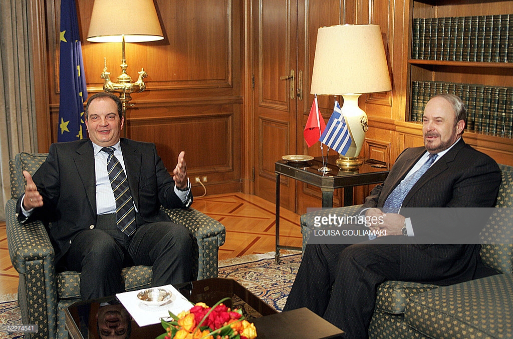 ATHENS, GREECE: Greek Prime minister Costas Karamanlis (L) meets with his Albanian counterpart, Fatos Nano in Athens, 04 March 2005. AFP PHOTO / Louisa Gouliamaki (Photo credit should read LOUISA GOULIAMAKI/AFP/Getty Images)