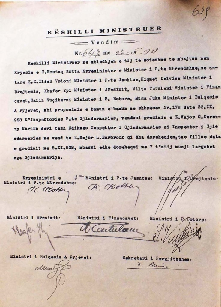 Një VKM e vitit 1928, në të cilën nënshkruan edhe ministri i Punëve Botore, Sali Vuçiterni. 