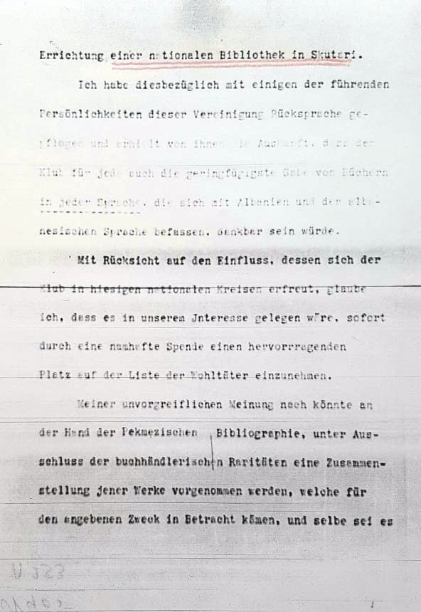 Faksimile e telegramit të 8 shkurtit 1912 ku bëhet fjalë për projektin e një biblioteke kombëtare në Shkodër