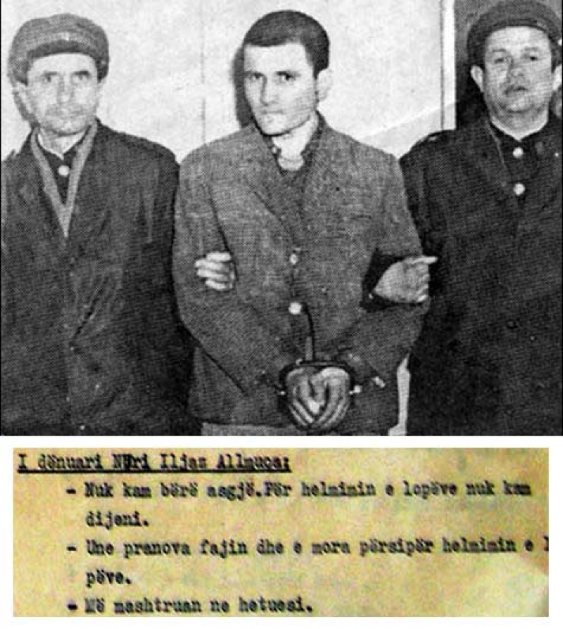 Në foto Agim Hakcani gjatë gjyqit si dhe faksimile nga fjala e fundit para pushkatimit e Nuri Allmuçës