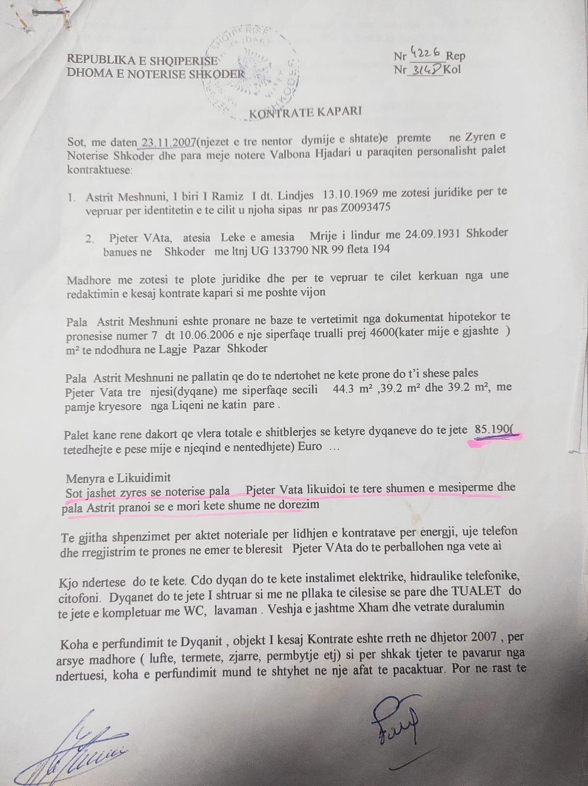 Dokument i firmosur para noterit ku vertetohet pagesa e kryer nga Pjeter Vata ne adrese te Astrit Meshnunit per dyqanet e Bixhistanit