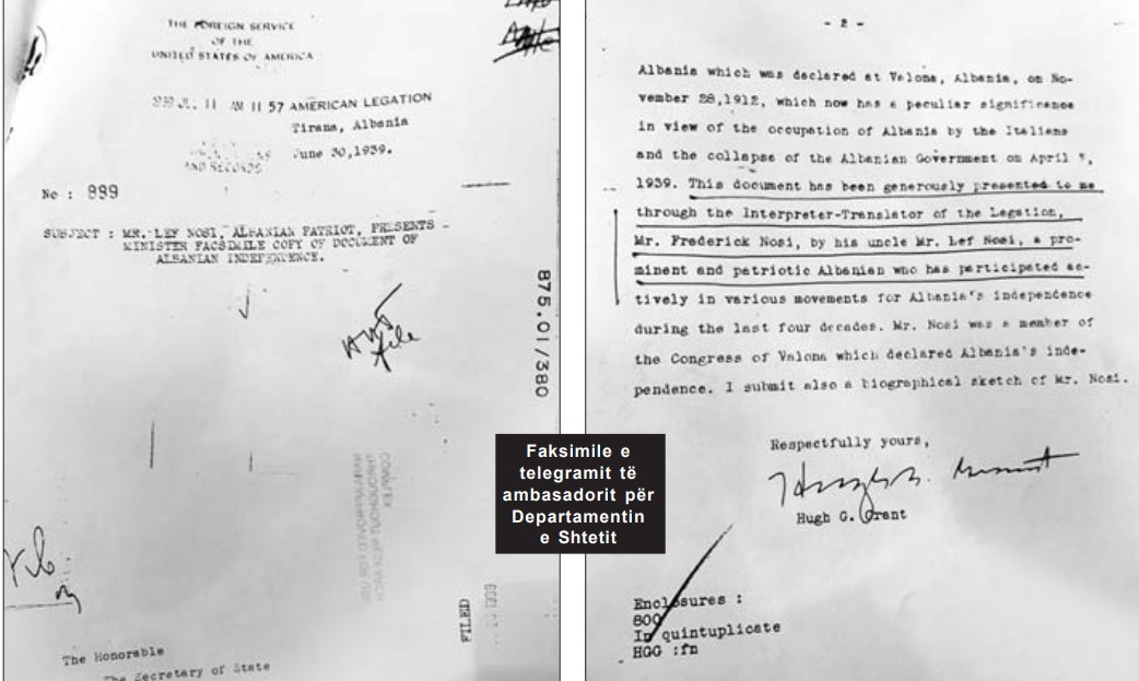 Faksimile e telegramit të ambasadorit për Departamentin e Shtetit
