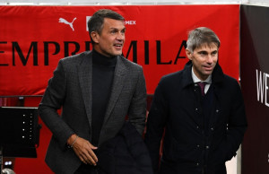 MILAN, ITALY - OCTOBER 16: Paolo Maldini and Federic Massara of AC Milan arrive before the Serie A match between AC Milan and Hellas Verona FC at Stadio Giuseppe Meazza on October 16, 2021 in Milan, Italy. (Photo by Claudio Villa/AC Milan via Getty Images)