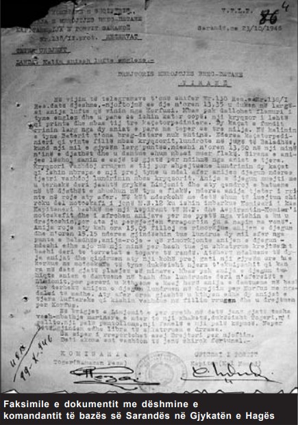 Faksimile e dokumentit me dëshmine e komandantit të bazës së Sarandës në Gjykatën e Hagës 