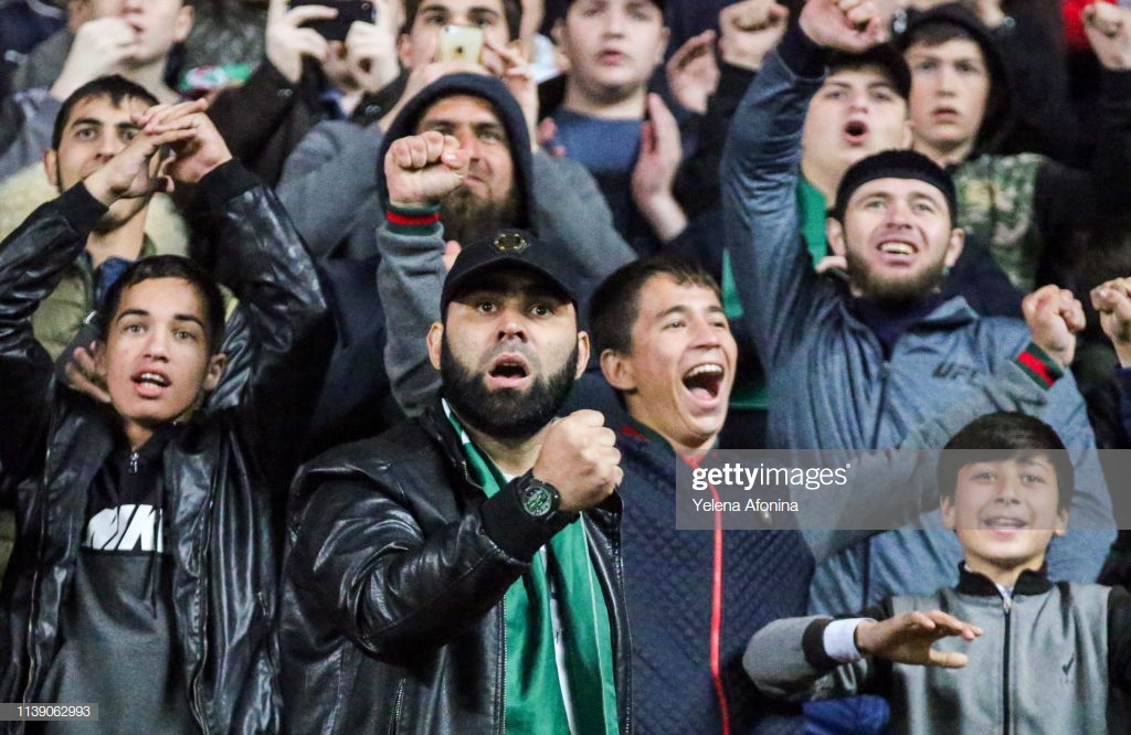 GROZNY, RUSSIA APRIL 24, 2019: FC Akhmat Grozny's supporters in their 2018/19 Russian Premier League Round 25 football match against FC Krasnodar at Akhmat Arena Stadium. Yelena Afonina/TASS (Photo by Yelena AfoninaTASS via Getty Images)