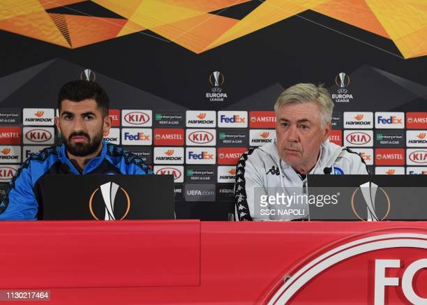 SALZBURG, AUSTRIA - MARCH 13: Elseid Hysaj, Carlo Ancelotti during an SSC Napoli press conference on March 13, 2019 in Salzburg, Austria. (Photo by Ciro Sarpa SSC NAPOLI/SSC NAPOLI via Getty Images)