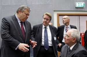 Evangelos Venizelos and Wolfgang Schaeuble attend an eurozone finance ministers meeting in Luxembourg