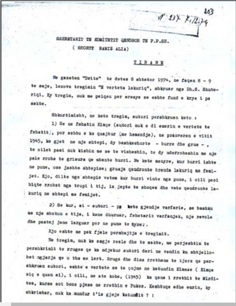 Faksimile e letrës së prokurorit Nikoll K. dërguar Ramiz Alisë