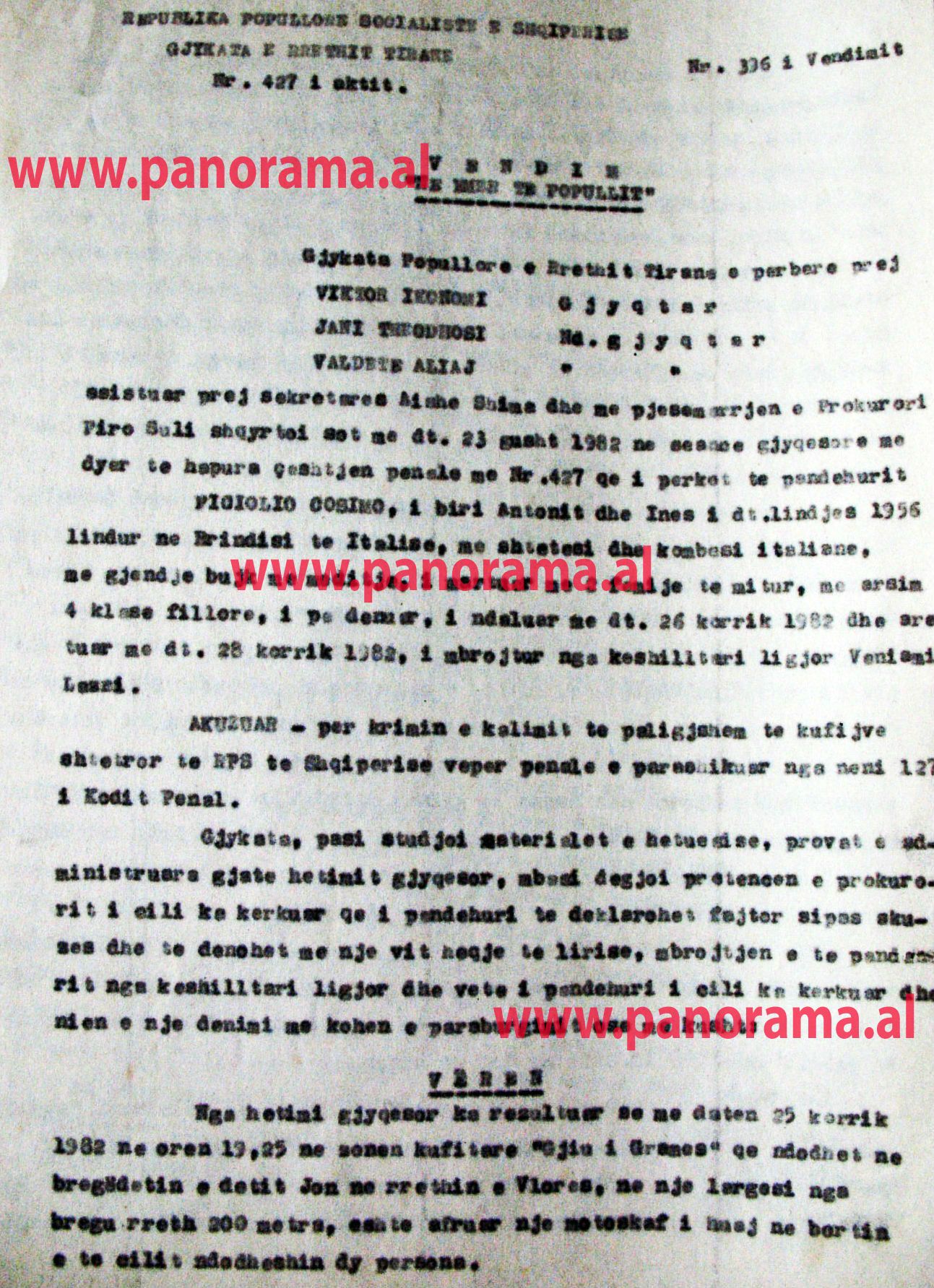 Faksimile e vendimit të Gjykatës për italianin e ndaluar