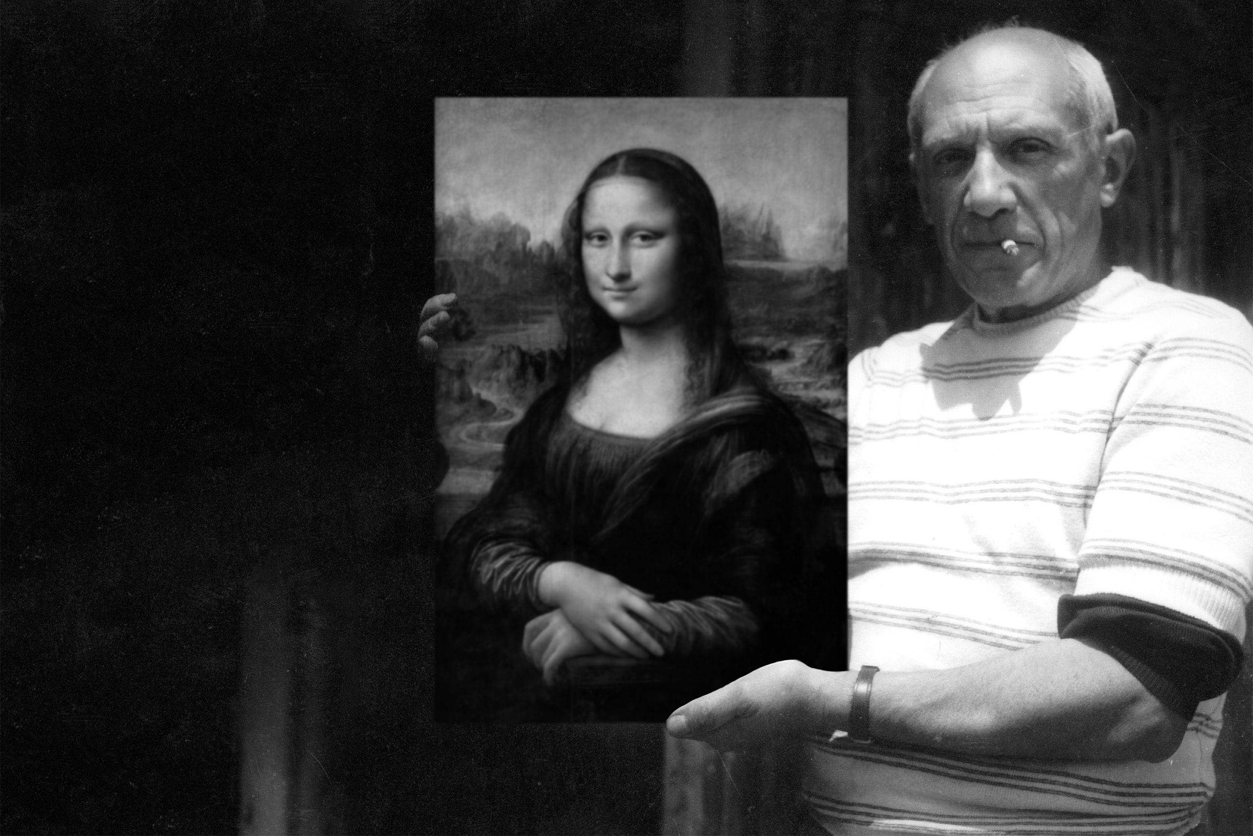 Spanish artist Pablo Picasso (1881 - 1973) with a portrait of Henri Matisse at his Madoura pottery workshop in Vallauris, France, 1948 (Photo by Michel Sima/RDA/Getty Images)