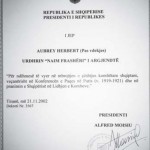 Dekreti i Presidentit për dekorimin e Aubrey Herbert