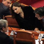 Deputetet e PD, Sali Berisha, Arben Ristani, Jorida Tabaku dhe Edi Paloka, gjate nje seance parlamentare, ku u debatua ne lidhje me projekt buxhetin e vitit te ardhshem./r/n/r/nDP lawmakers Sali Berisha, Arben Ristani, Jorida Tabaku and Edi Paloka, during a parliamentary session, which was debated for the next year's draft budget.