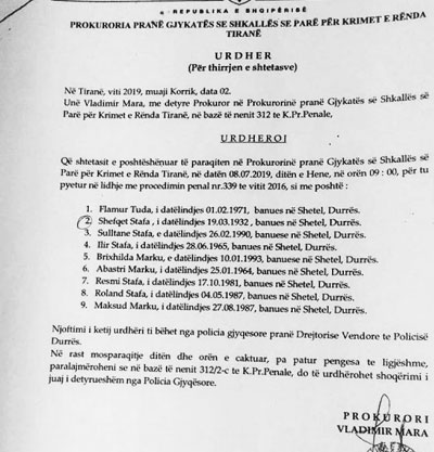 Faksimile e thirrjes së prokurorit për personat që do merren në pyetje